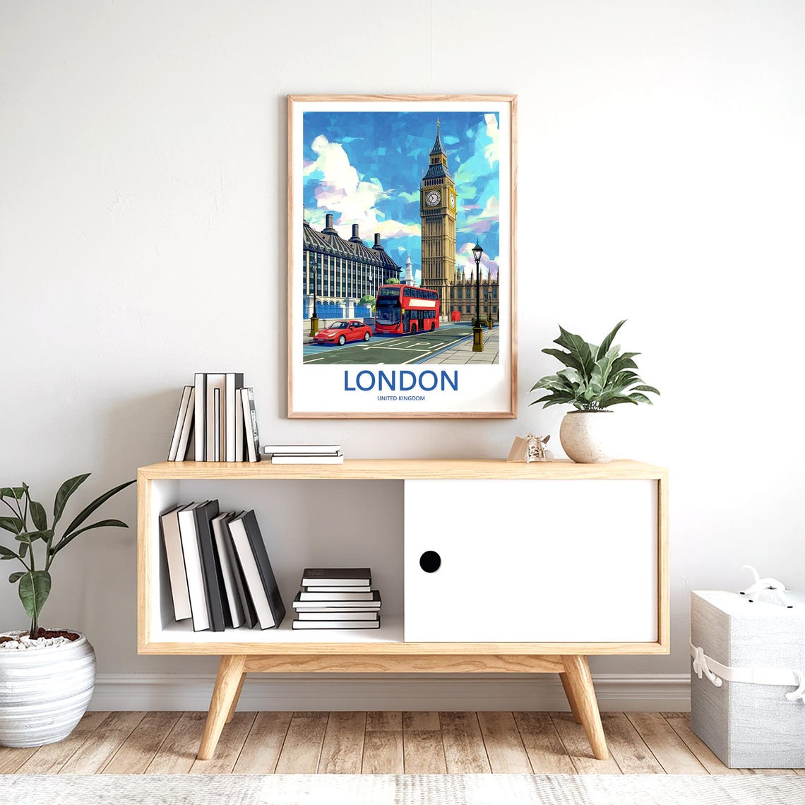 London Big Ben Geometric Low Poly Red Bus Street Artwork Poster - Image 2