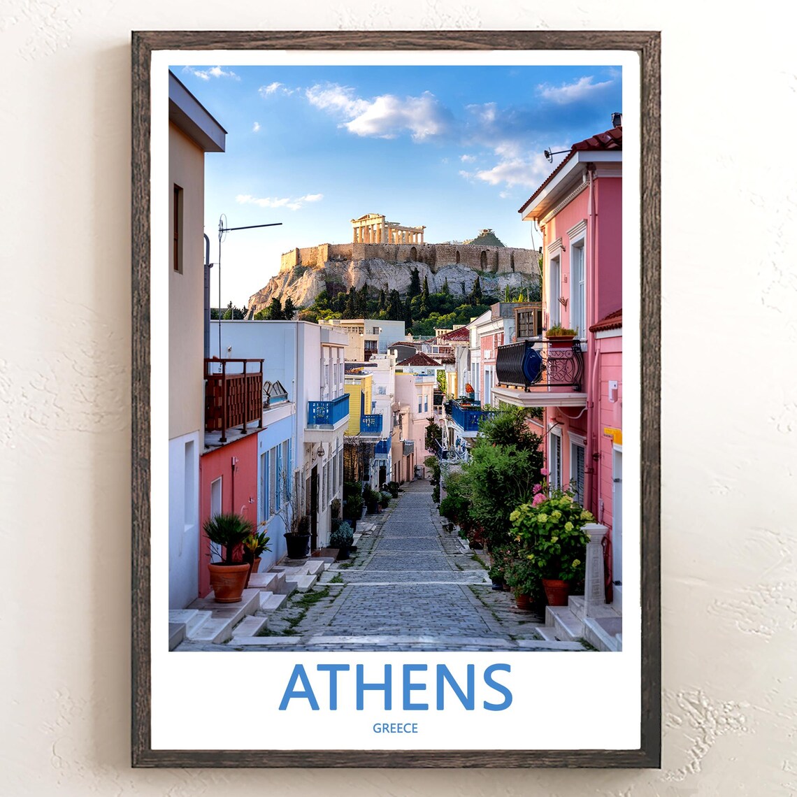 Athens Plaka Street Pastel Houses Acropolis View Photo Poster