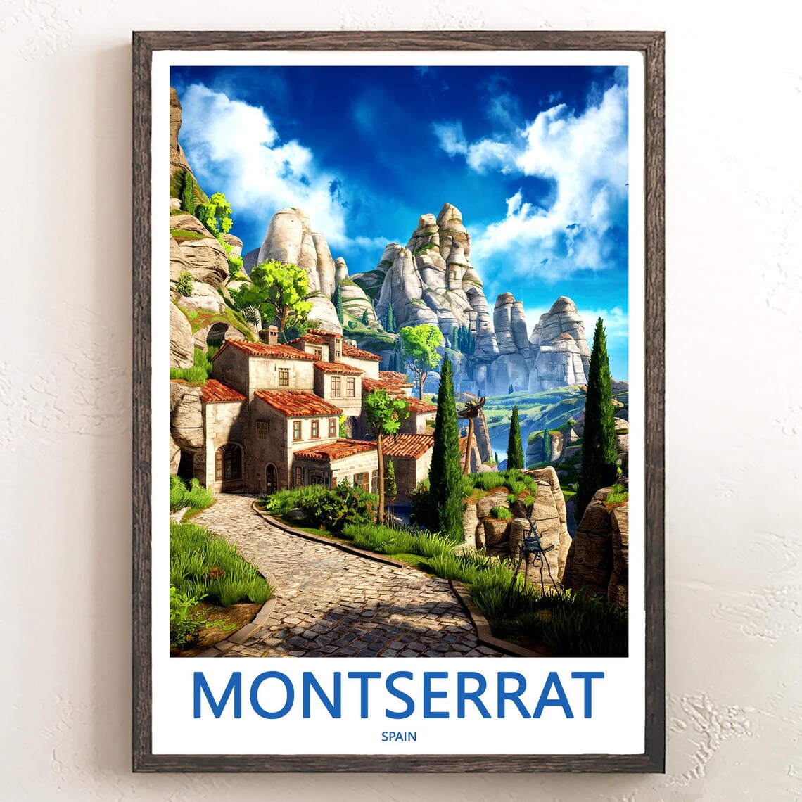 Montserrat Stone Village Path Beneath the Rocky Peaks Poster