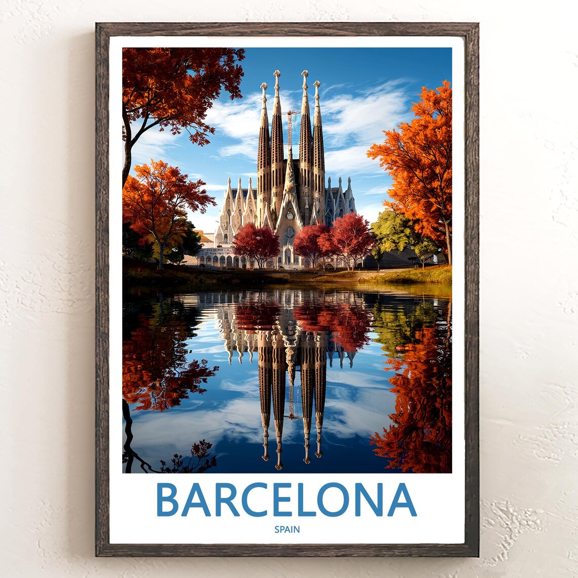 Barcelona Sagrada Família Autumn Reflection Lake Photo Poster