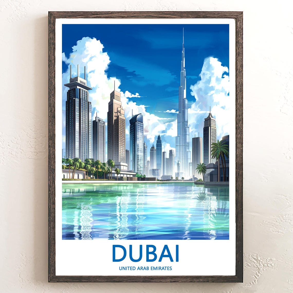 Dubai Burj Khalifa Billowy Clouds Over Green Lake Travel Poster