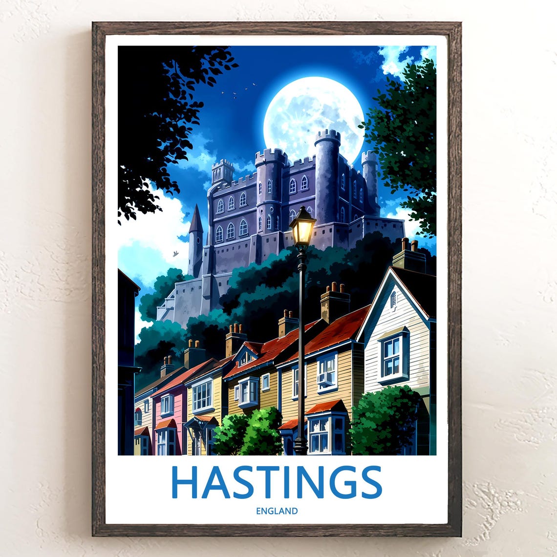 Hastings England Moonlit Castle and Cottages Night View Poster