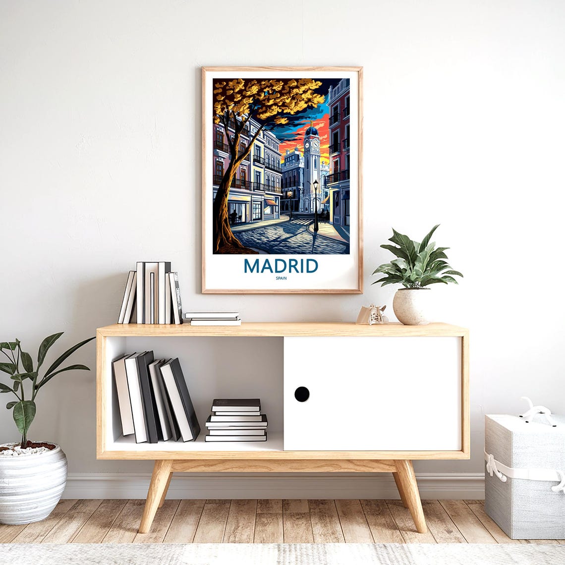 Madrid Clock Tower Street Sunset Vivid Orange Sky Art Poster - Image 2