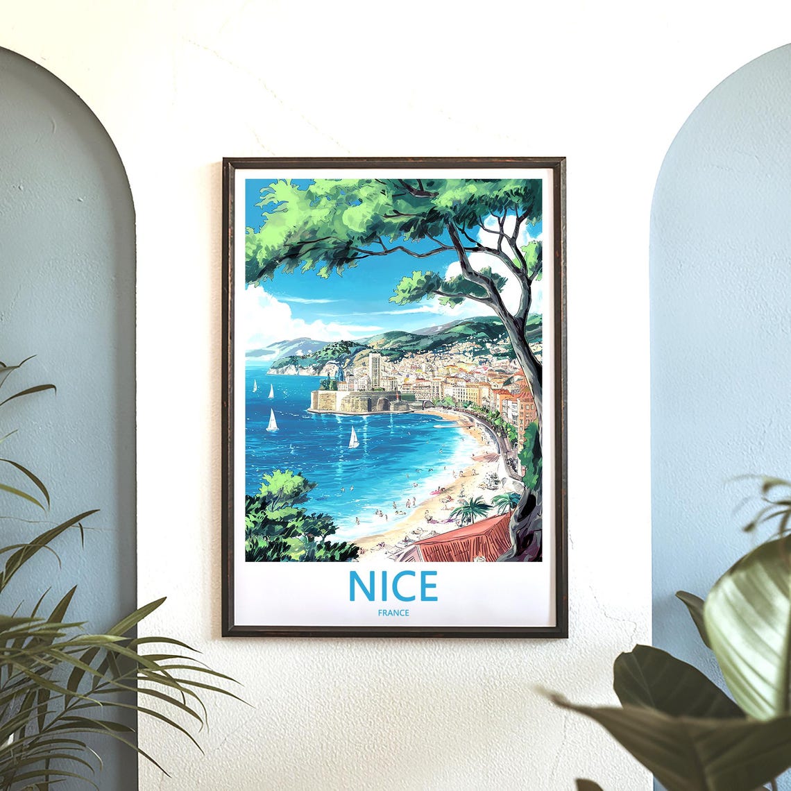 Nice France Bay View Framed By Pine Branches Travel Art Poster - Image 3