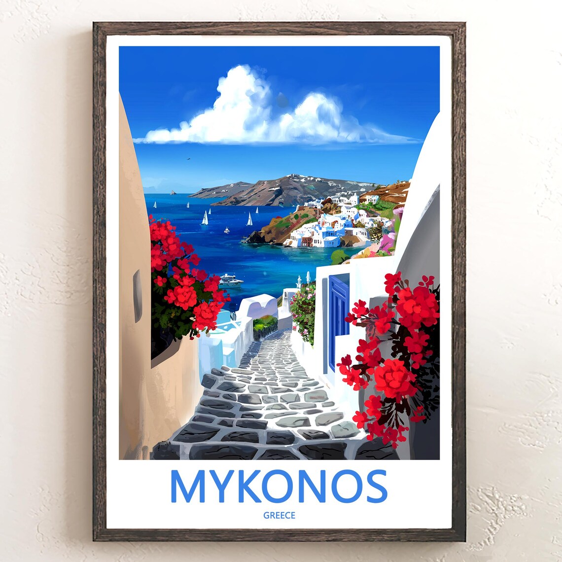 Mykonos Curved Alley To The Sea Red Flowers Greece Art Poster