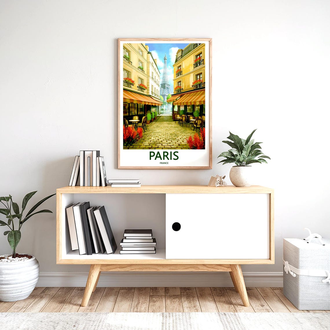 Eiffel Tower Cobblestone Cafe Lane Striped Awnings Paris Poster - Image 2