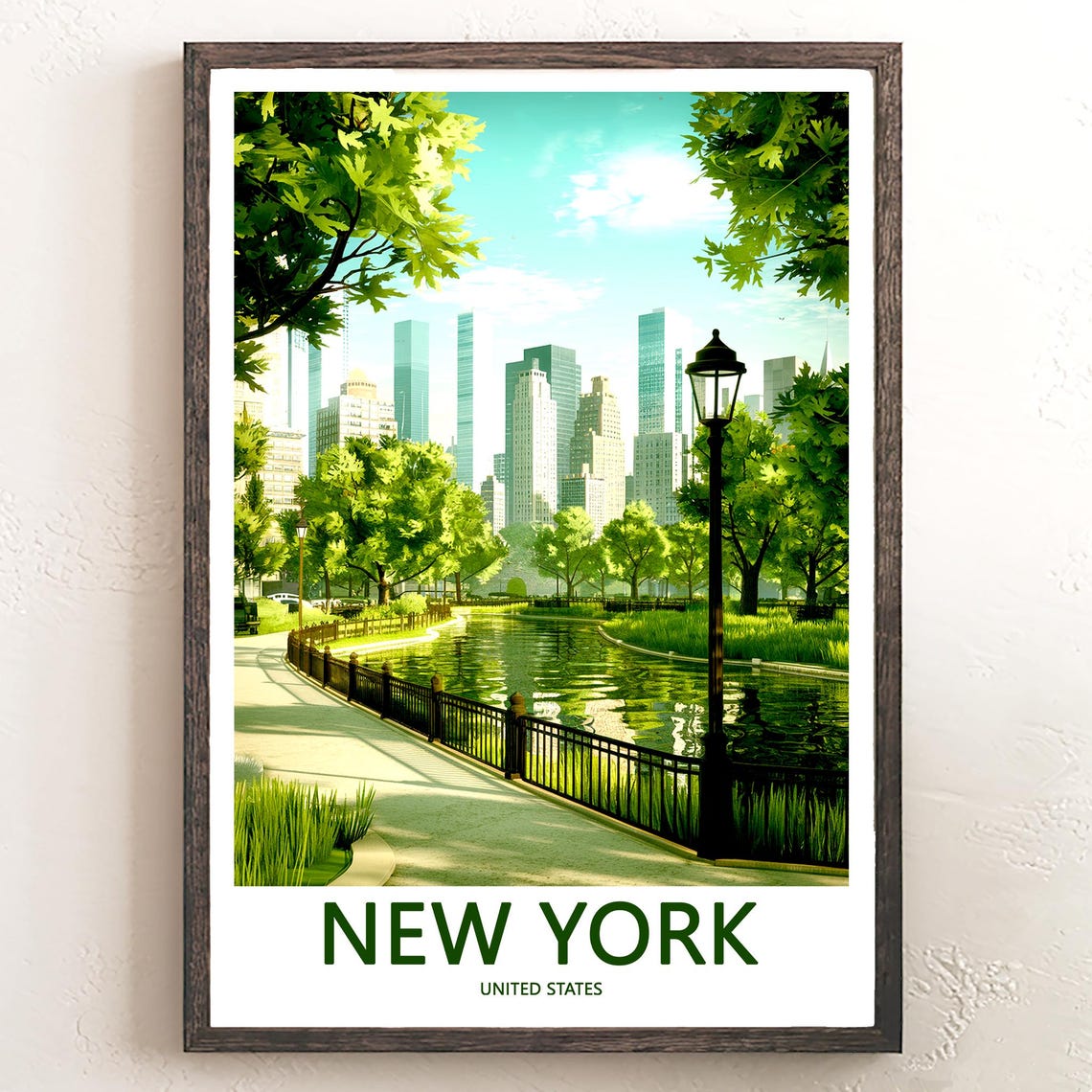Manhattan Skyline Over a Sunlit Park Pond Walking Path Poster