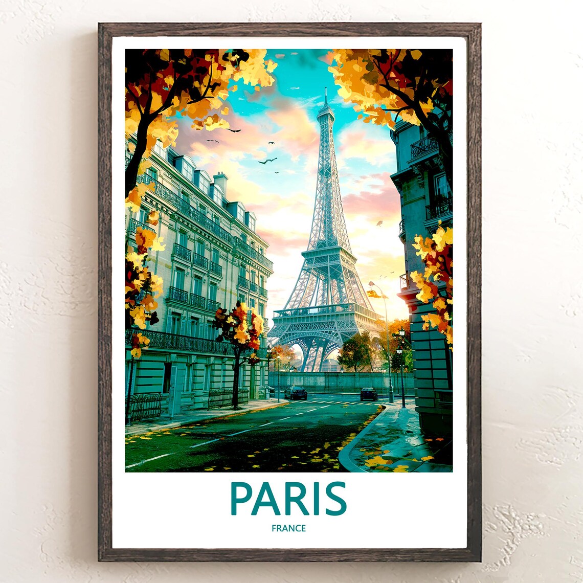 Eiffel Tower Autumn Street Wet Pavement Cars Paris France Poster