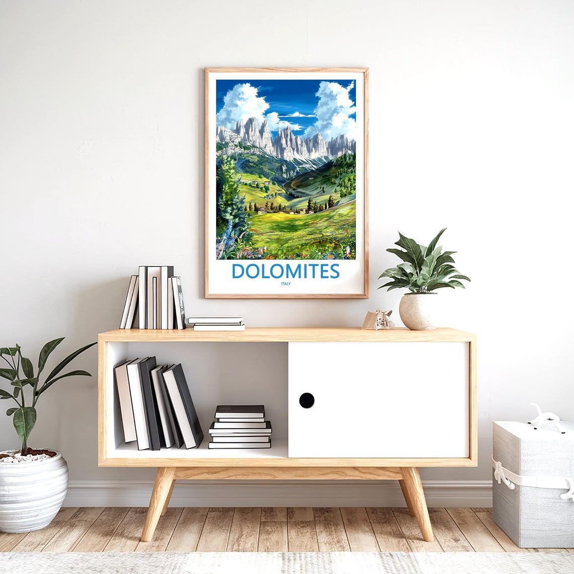 Dolomites White Peaks over Flower Meadow Italy Travel Poster - Image 2