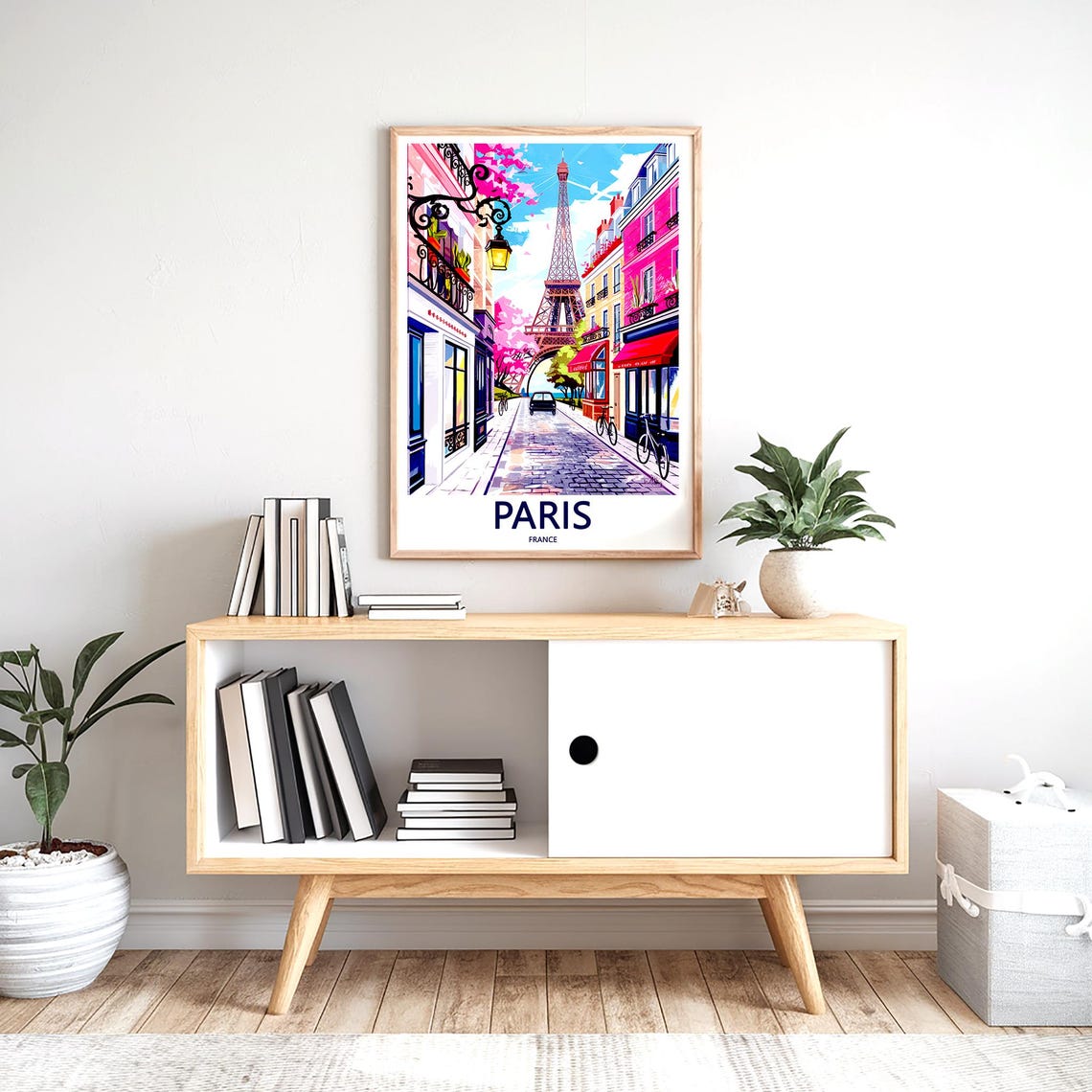 Eiffel Tower Pink Shopping Street Bicycles Cobblestone Paris Poster - Image 2