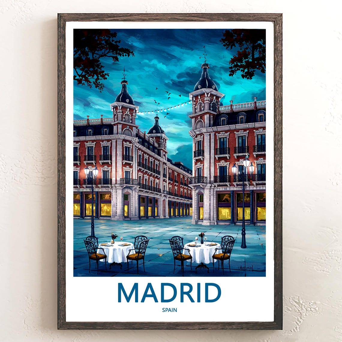 Madrid Twilight Plaza Outdoor Dining String Lights Art Poster