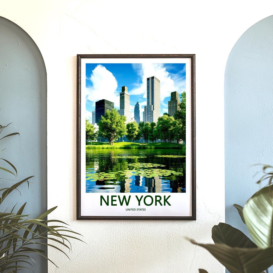 New York Central Park Pond Skyline Reflection Green Travel Poster - Image 3