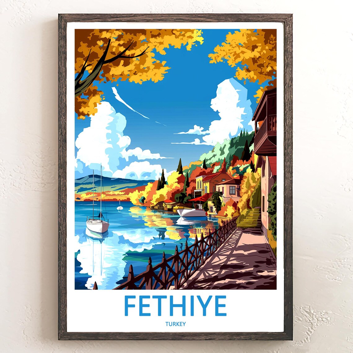 Fethiye Turkey Golden Autumn Waterfront Sailboats and Boardwalk Poster
