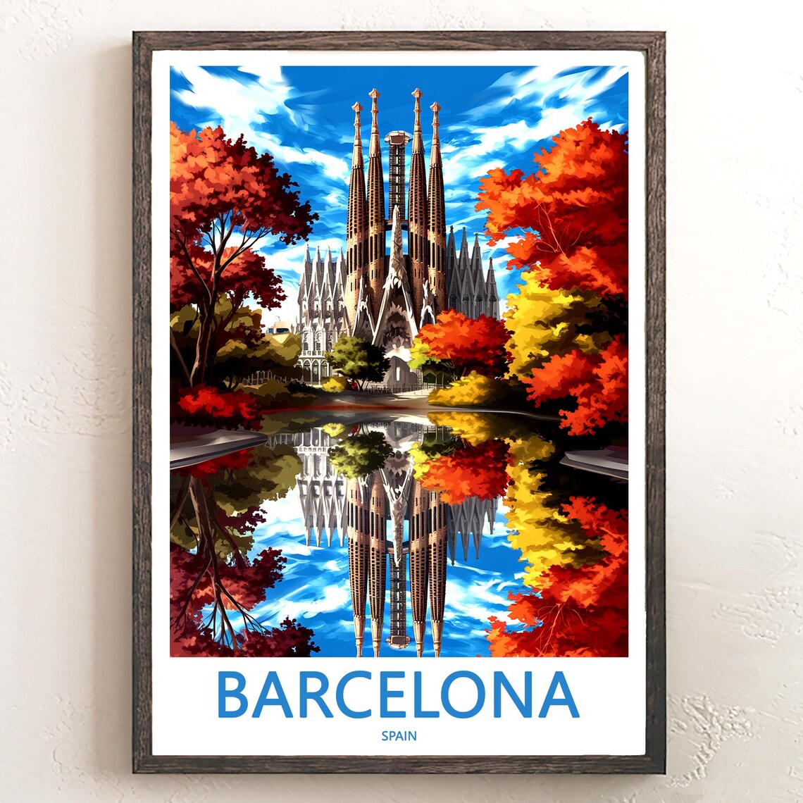 Barcelona Sagrada Família Painted Autumn Reflection Art Poster