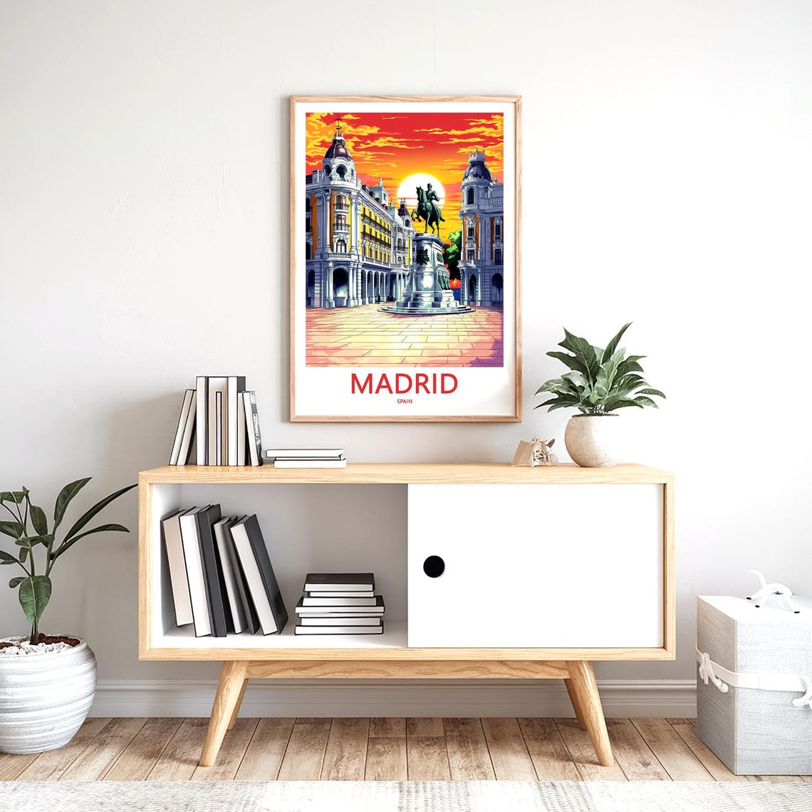 Madrid Sunset Illustration Equestrian Statue Plaza Scene Poster - Image 2
