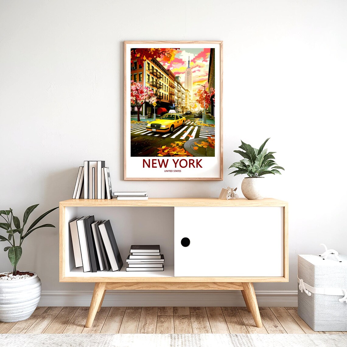 New York Autumn Street Yellow Taxi Fall Leaves Empire State Poster - Image 2