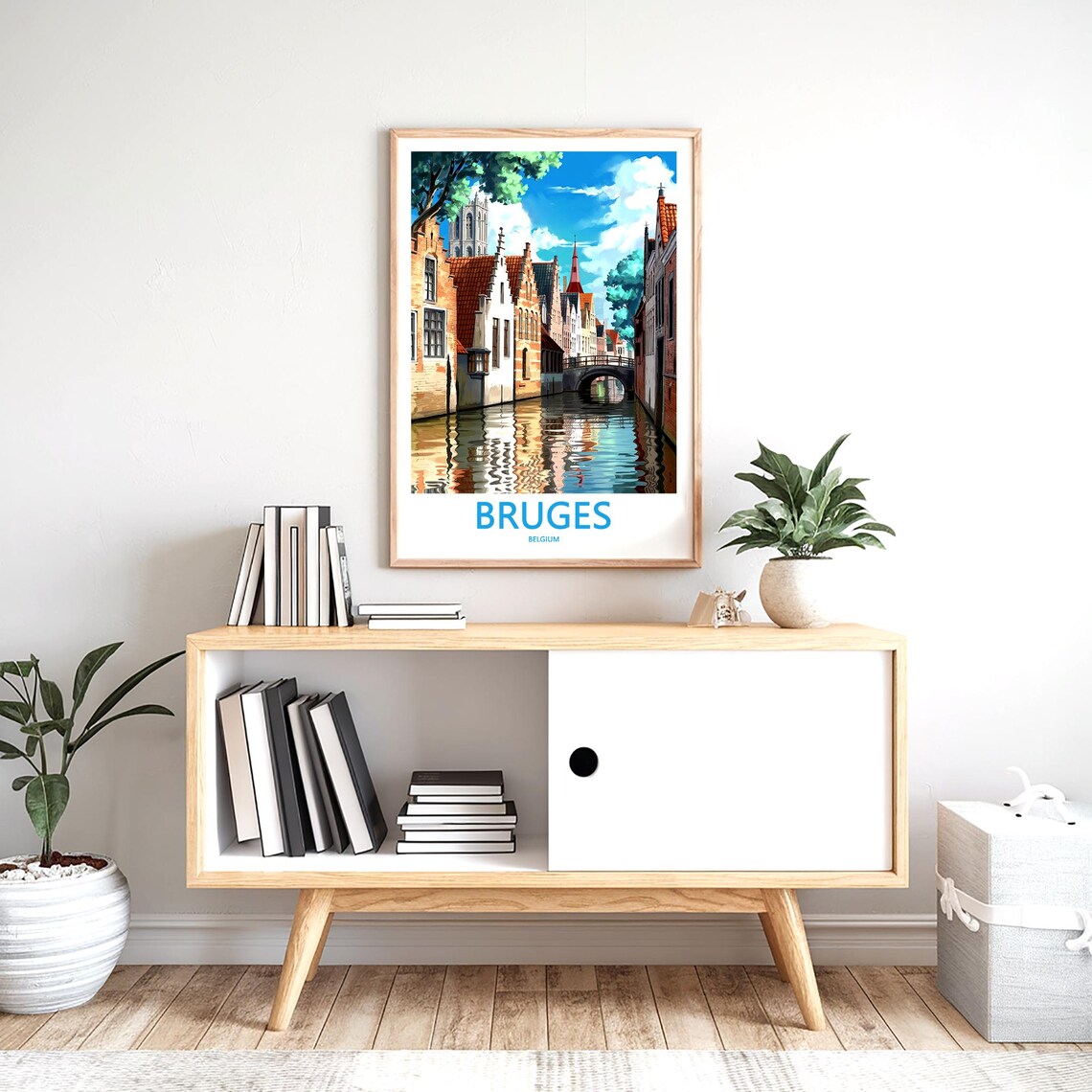 Bruges Sunny Canal Street with Brick Houses Belgium Travel Poster - Image 2