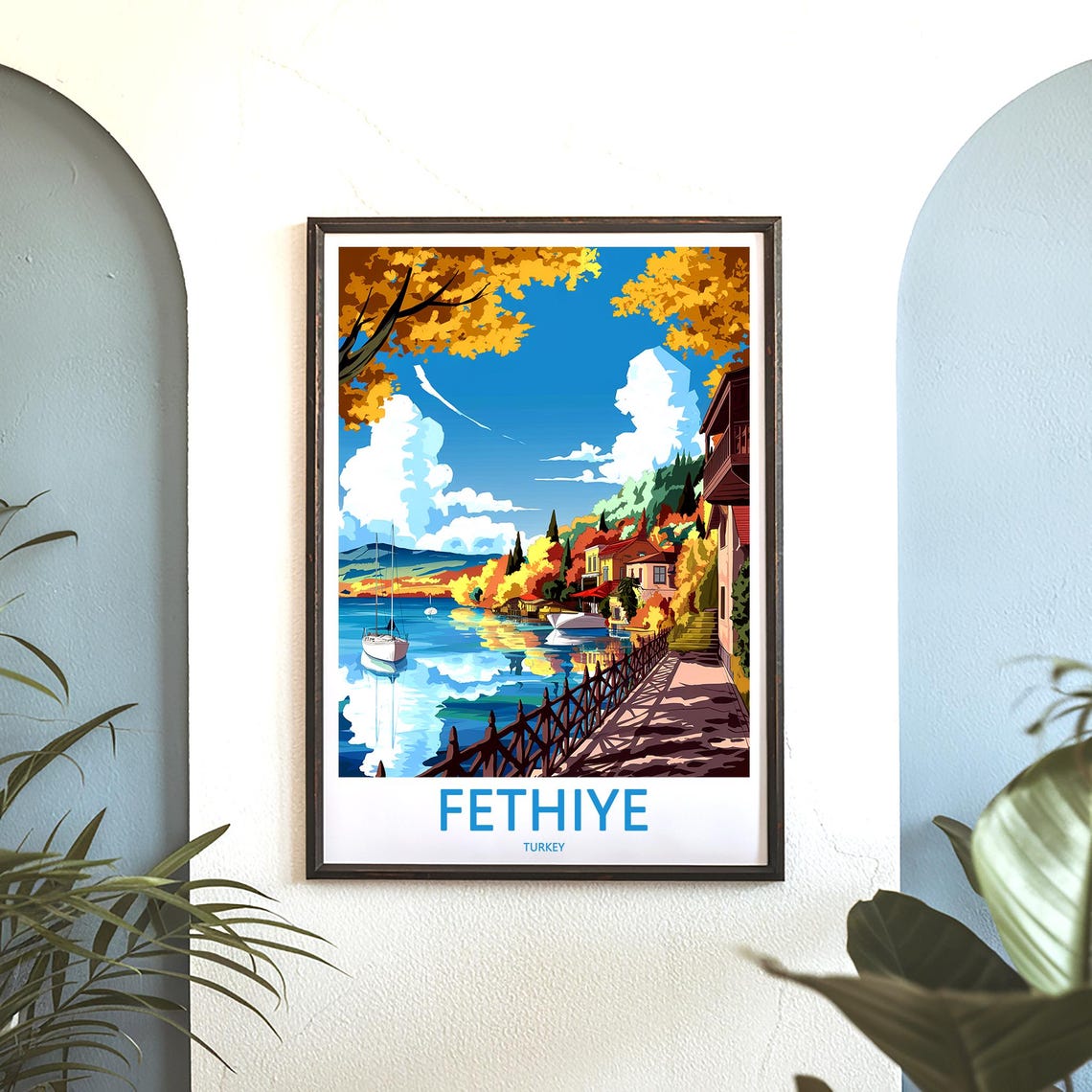 Fethiye Turkey Golden Autumn Waterfront Sailboats and Boardwalk Poster - Image 3