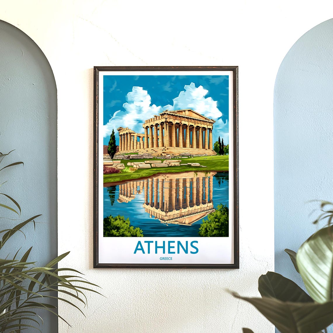 Athens Parthenon Perfect Mirror Lake Reflection Illustrated Poster - Image 3