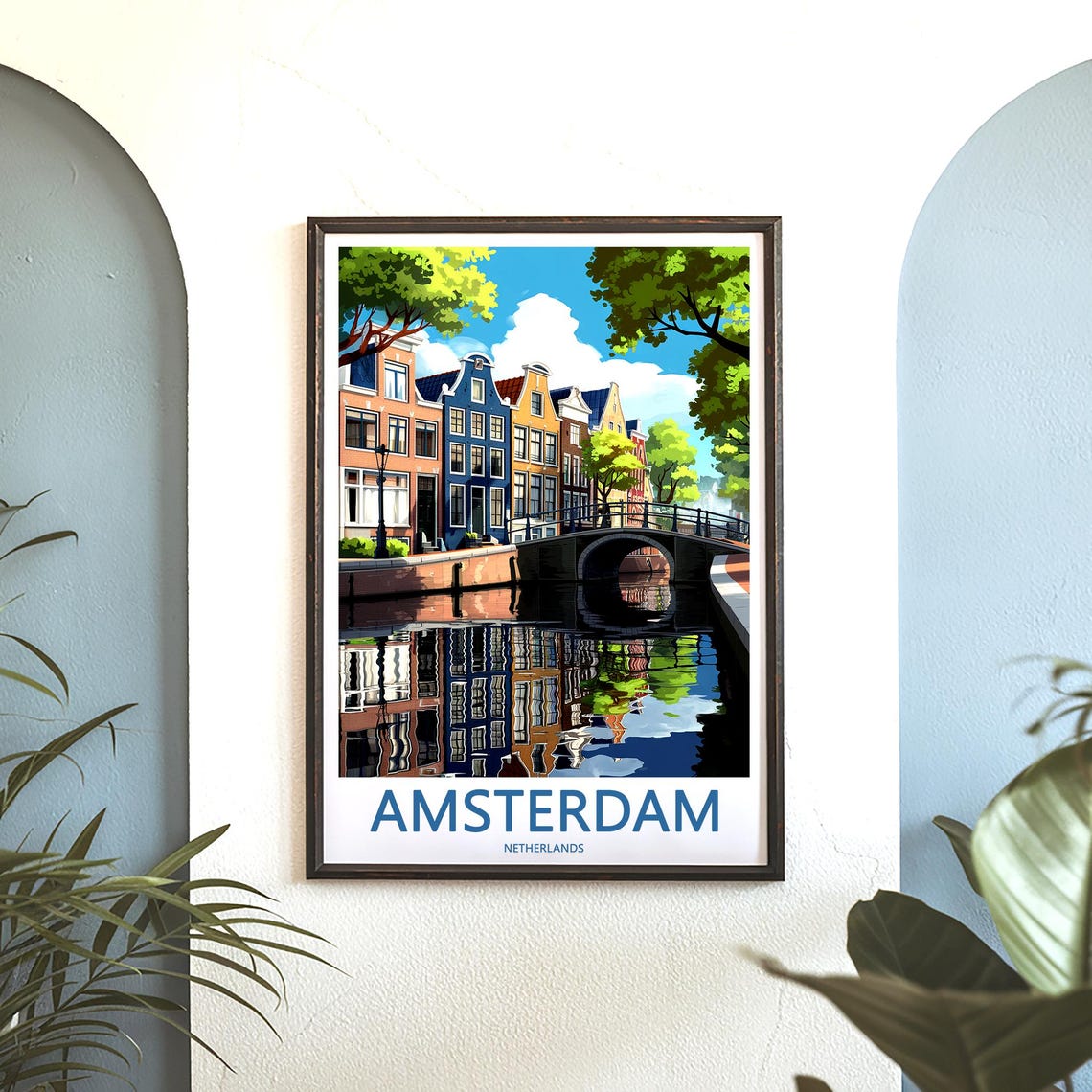 Amsterdam Illustrated Canal with Colorful Gabled Houses Bridge Poster - Image 3