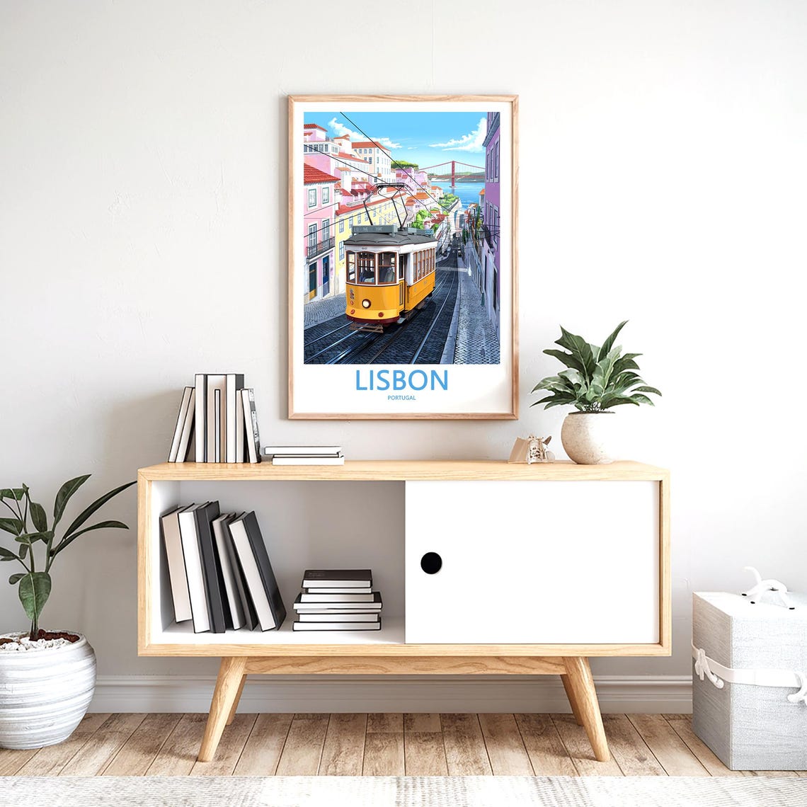 Lisbon Yellow Tram 561 Rolling Downhill Toward the Bridge Poster - Image 2