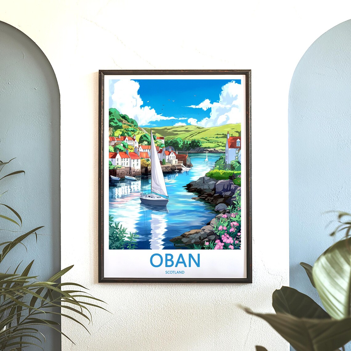 Oban Scotland Sailboat in Harbor Among Pastel Cottages Poster - Image 3