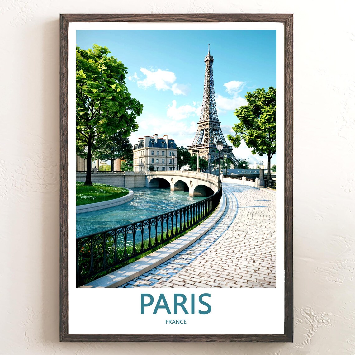 Eiffel Tower and Arched Seine Bridge Photorealistic Paris Poster