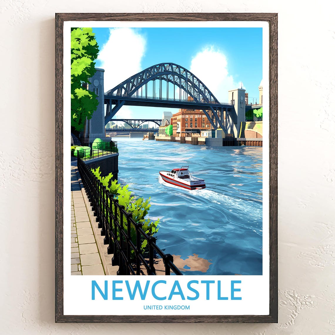 Newcastle Tyne Bridge Quayside Speedboat River Travel Poster