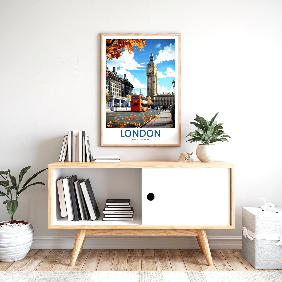Big Ben Red Double Decker Bus on an Autumn Street Illustration Poster - Image 2