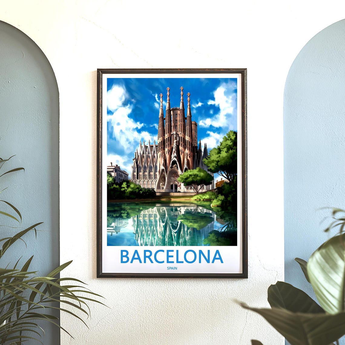 Barcelona Sagrada Familia Water Reflection Green Trees Travel Poster - Image 3