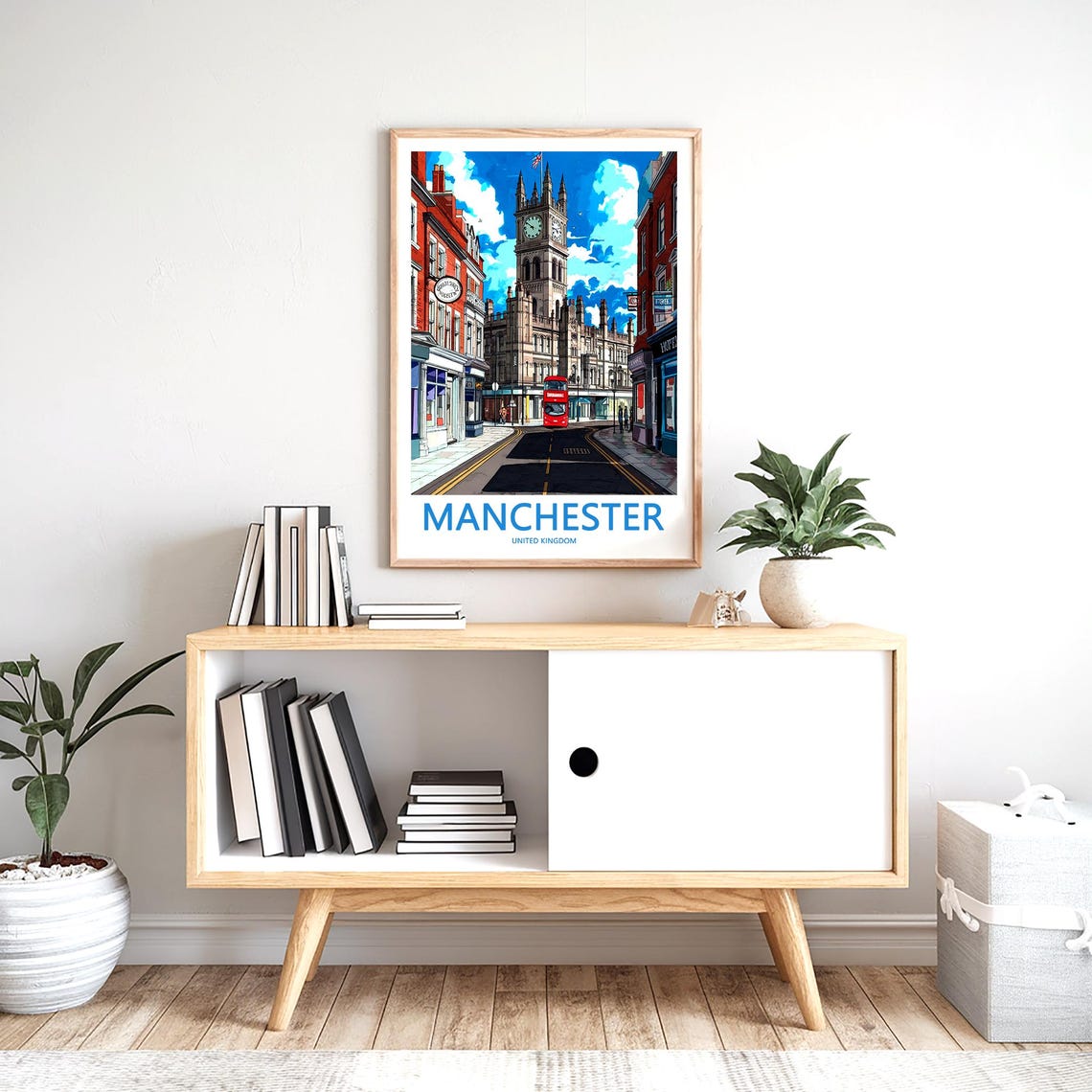 Manchester United Kingdom Historic Street Clock Tower Red Bus Poster - Image 2