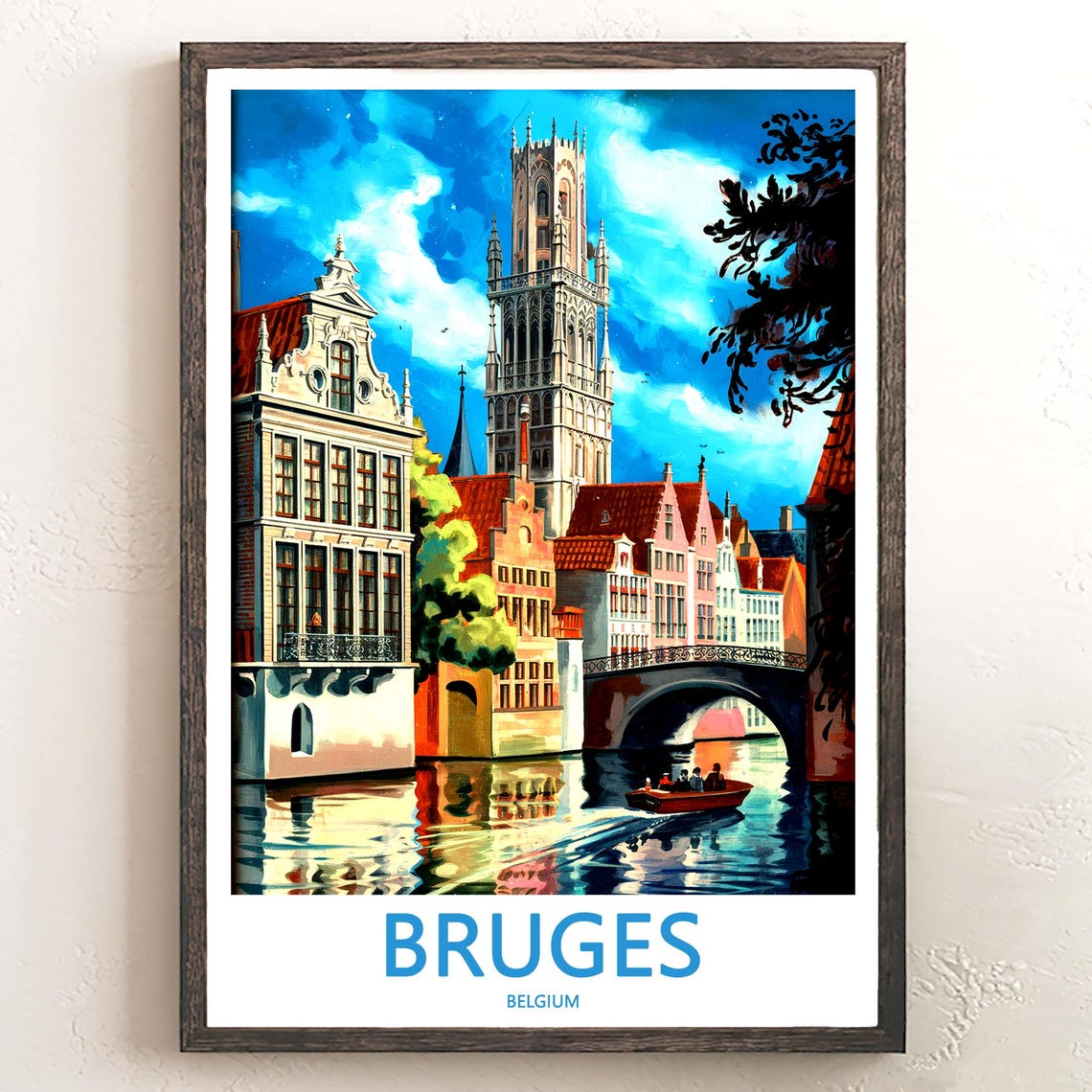 Bruges Belgium Canal Boat Under Bridge Historic Tower Poster