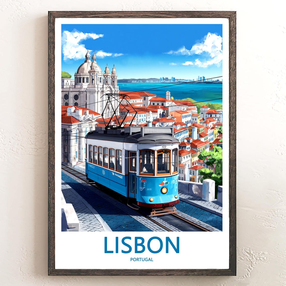 Lisbon Blue Tram 123 With Pantheon Dome River Panorama Poster