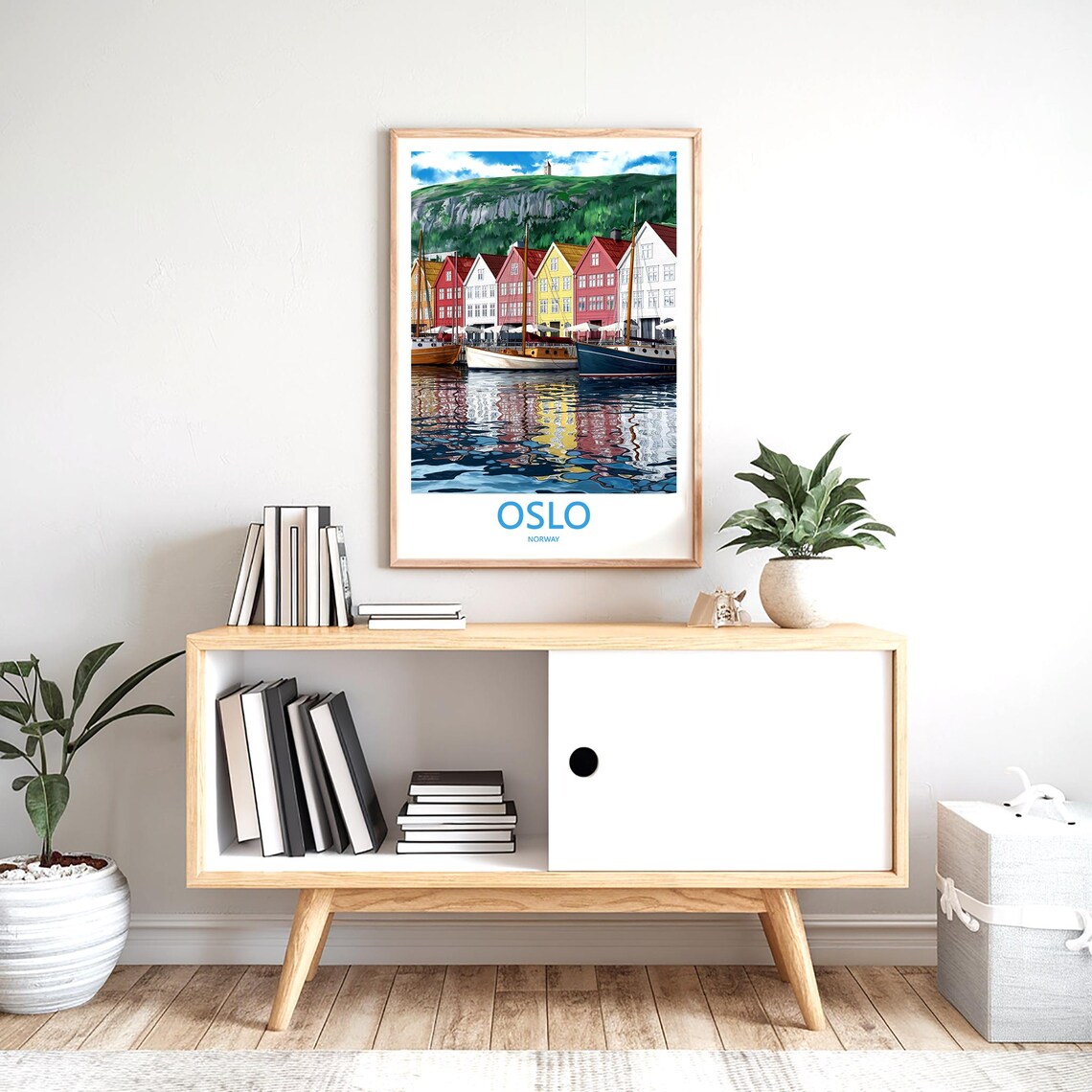 Oslo Colorful Harbor Houses Sailboats and Green Hill Travel Poster - Image 2