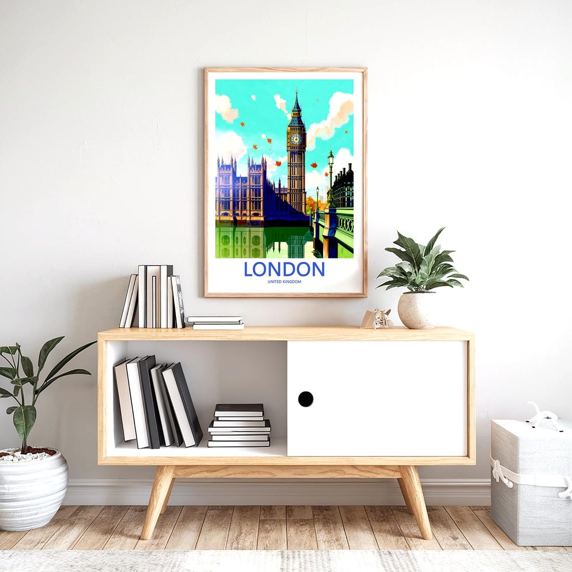 Big Ben Westminster Bridge Teal Sky Autumn Illustration Poster - Image 2