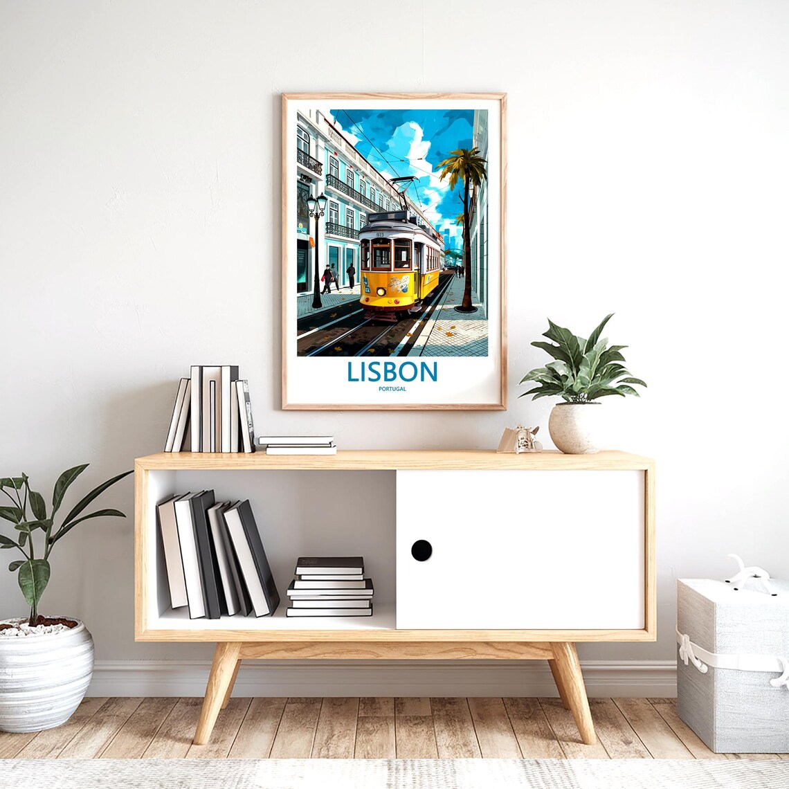 Lisbon Yellow Tram 1123 With Palm Trees and Pedestrians Poster - Image 2