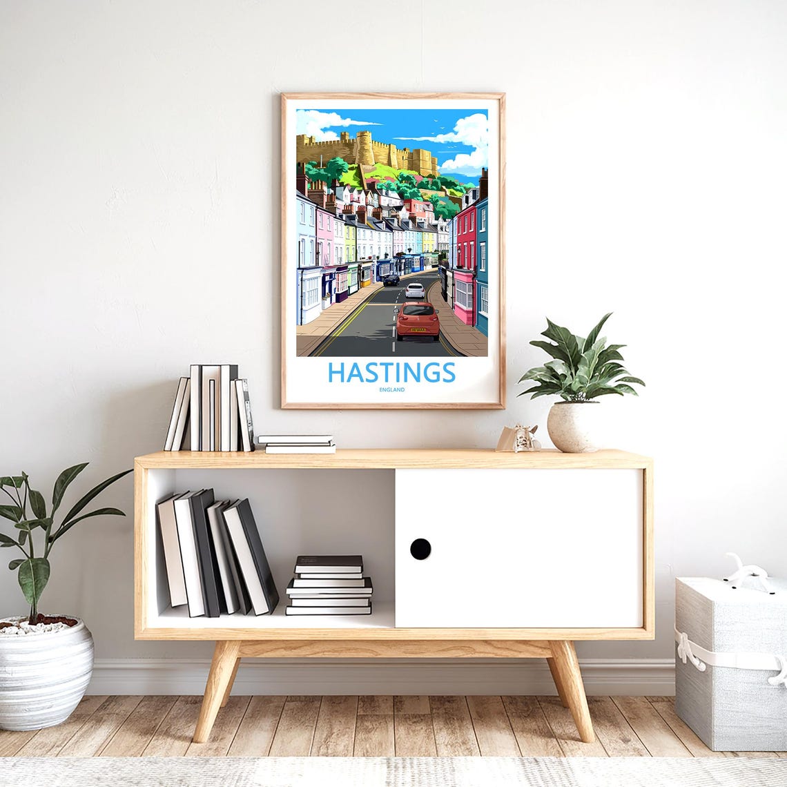 Hastings England Red Car Old Town Castle Hill Day Scene Poster - Image 2