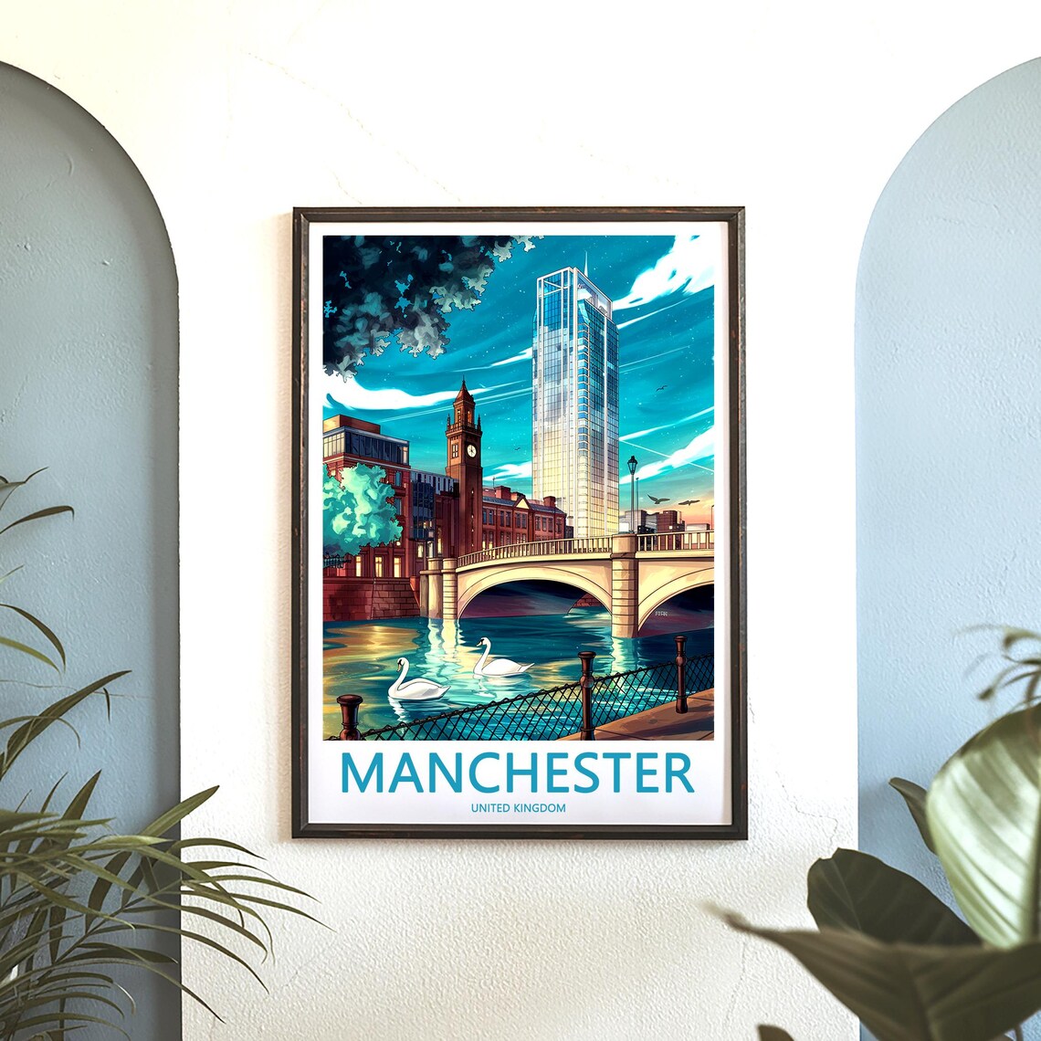 Manchester United Kingdom Glowing Evening Bridge with Swans Poster - Image 3