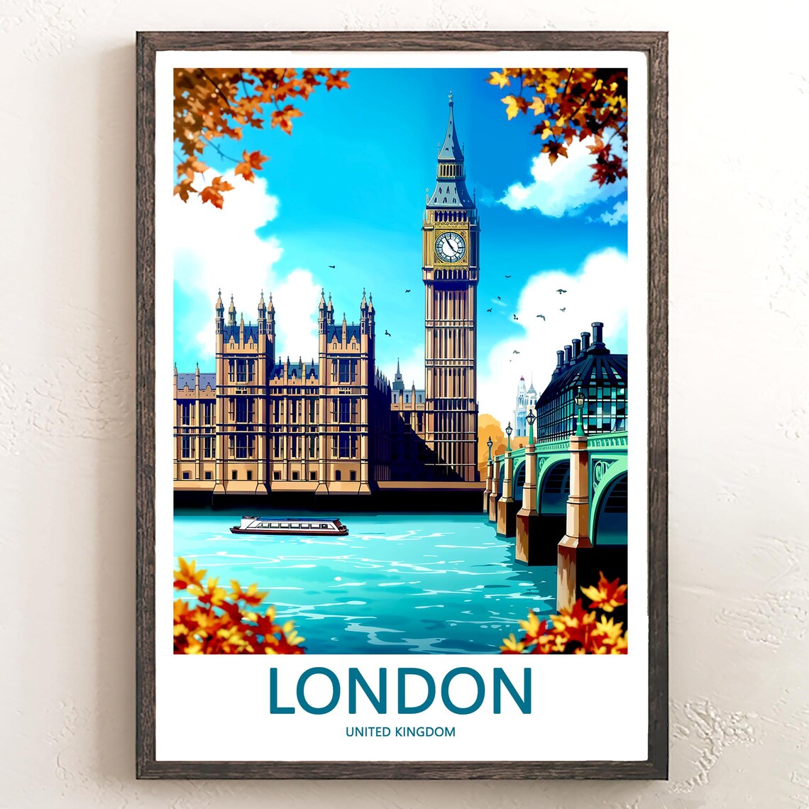 London Big Ben Autumn Teal Thames and River Boat View Poster