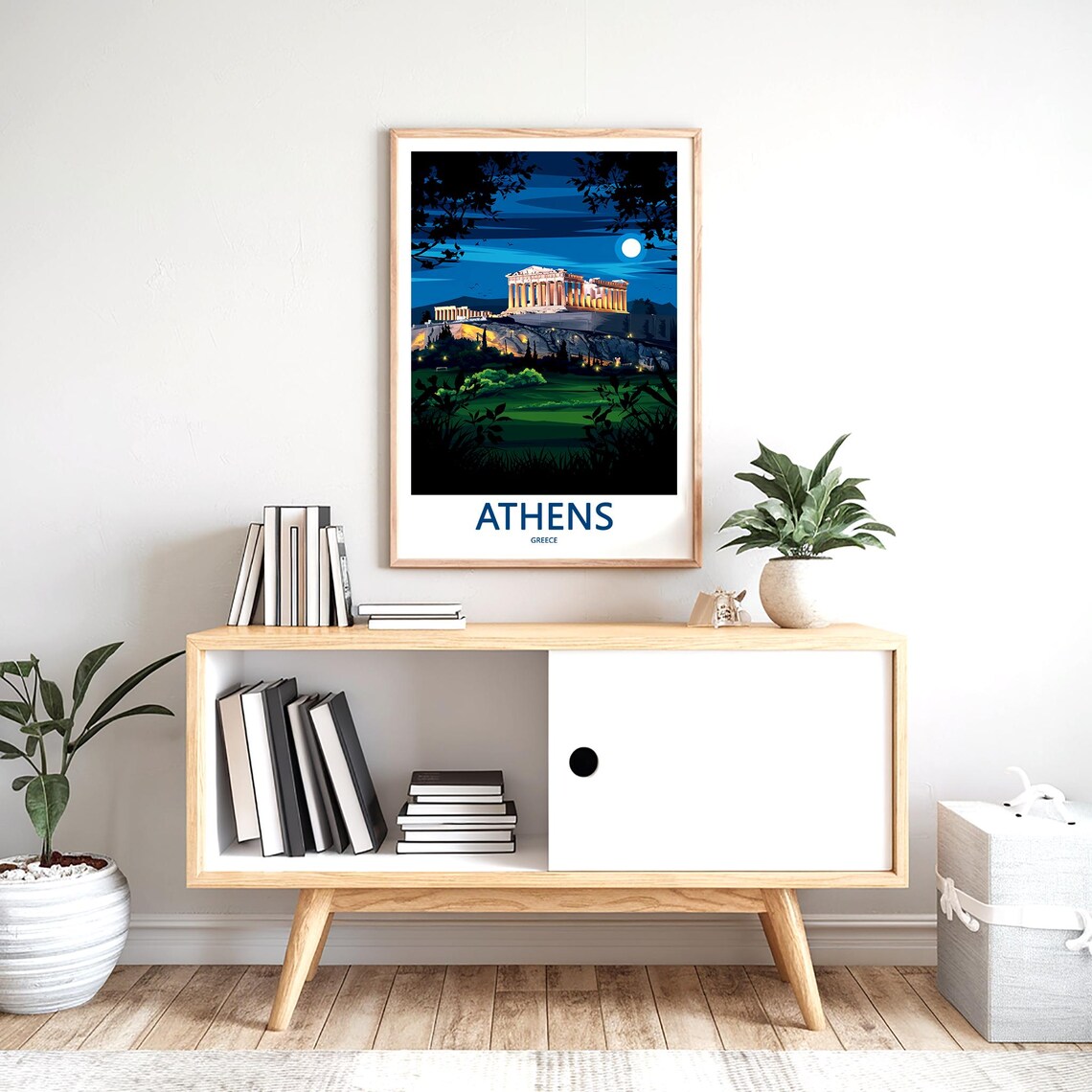 Athens Acropolis Moonlit Night Lit Parthenon Illustration Poster - Image 2