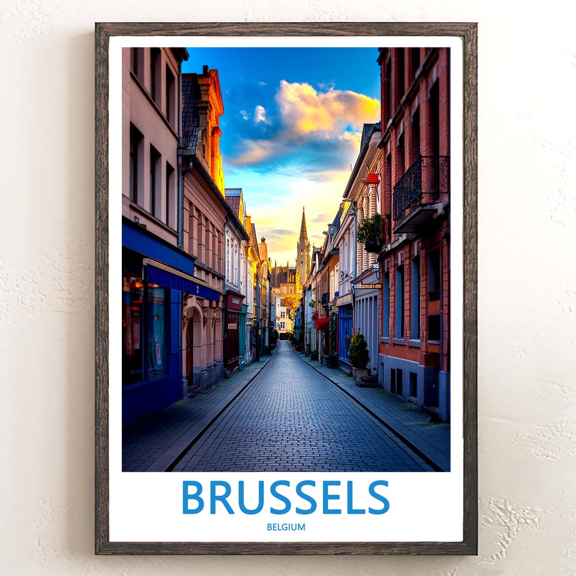 Brussels Cobblestone Street Sunset Photo Golden Light Poster