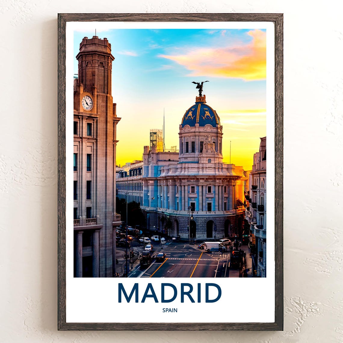 Madrid Gran Via Street Scene Domed Building Sunset View Poster