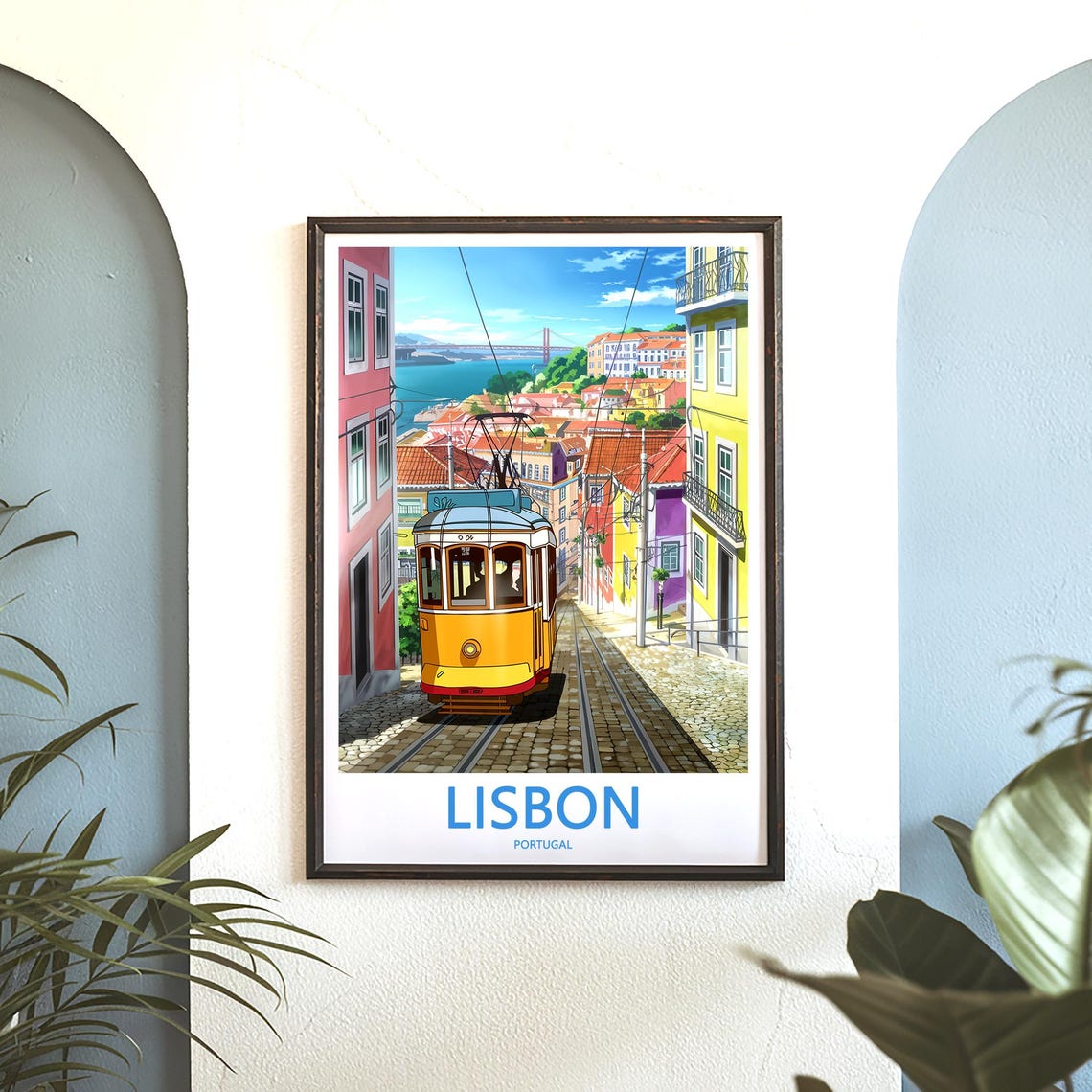 Lisbon Yellow Tram Climbing Steep Hill With River View Poster - Image 3