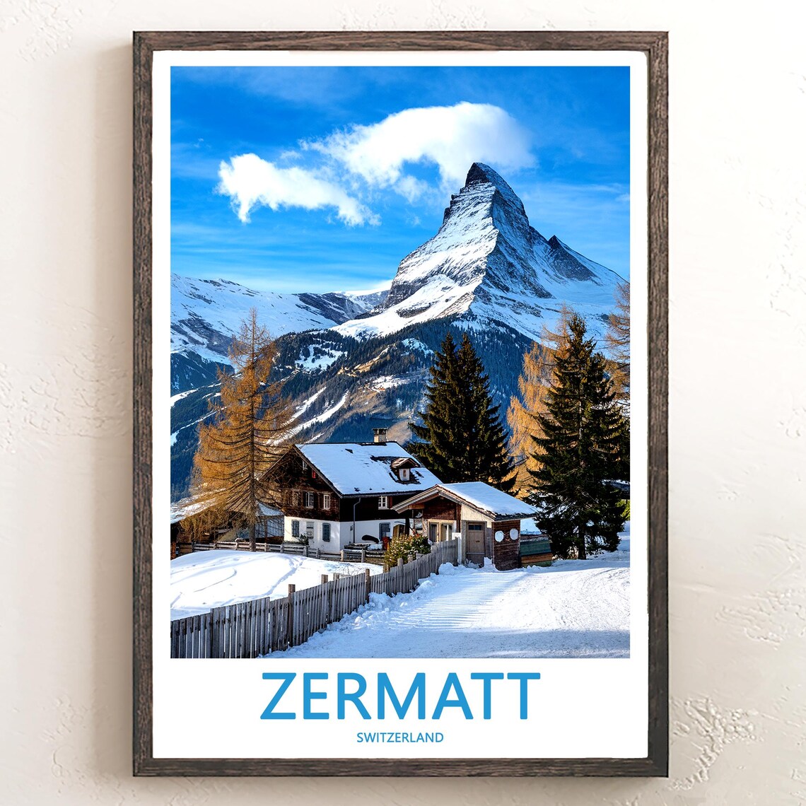 Zermatt Matterhorn Above a Fenced Chalet and Snowy Alpine Path Poster