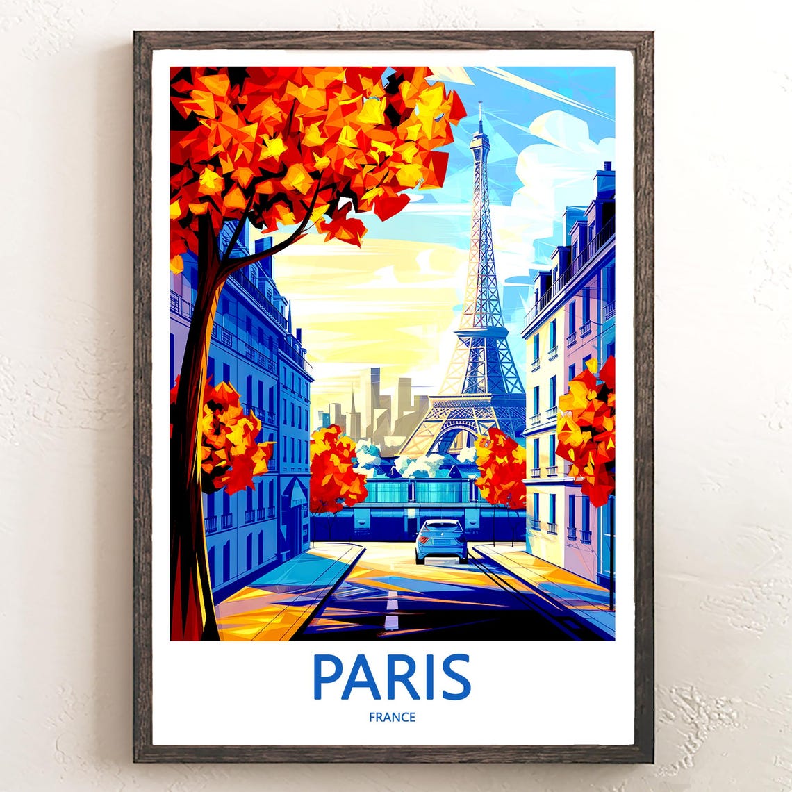 Eiffel Tower Bold Red Autumn Trees Blue Car Graphic Art Poster