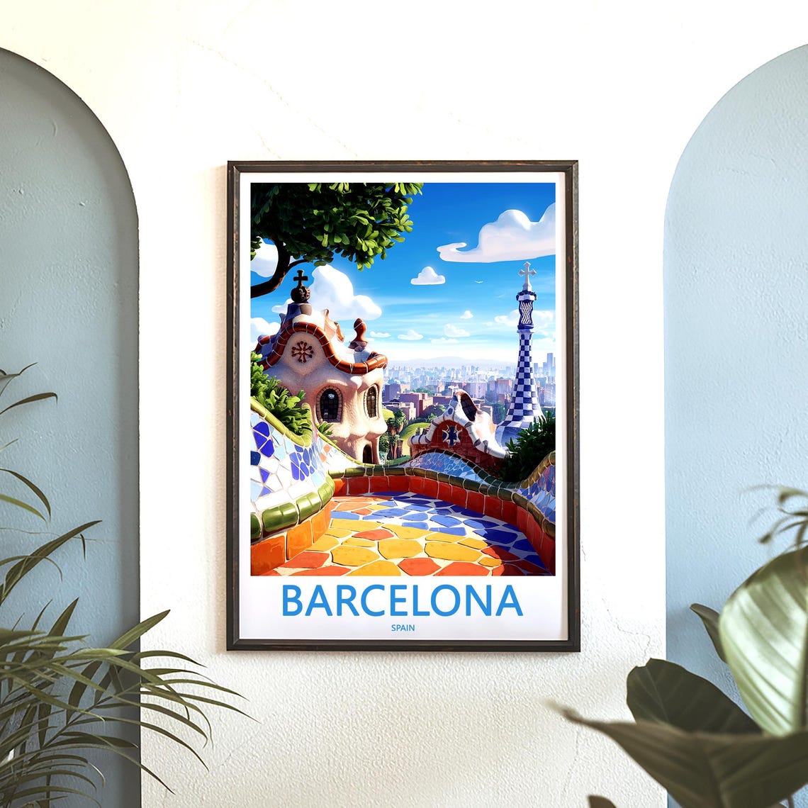 Barcelona Park Güell Gatehouse Whimsical Blue Sky Art Poster - Image 3