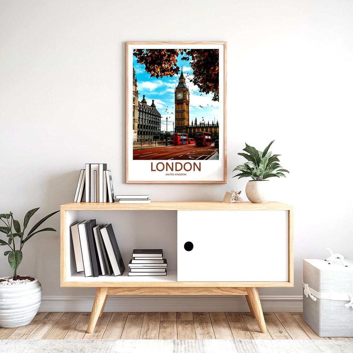 London Vibrant Big Ben City Street Beneath Autumn Leaves Poster - Image 2