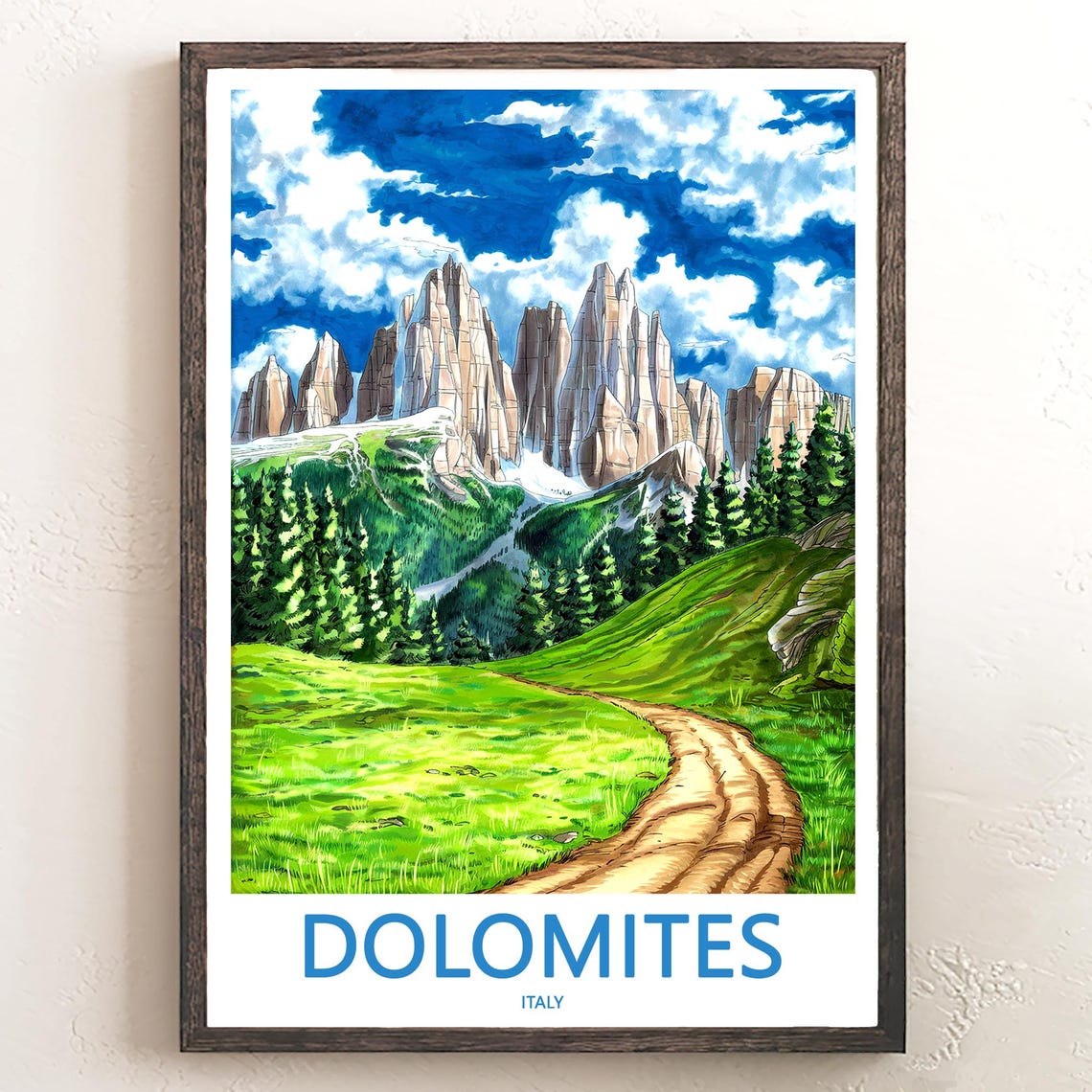 Dolomites Hiking Trail through Green Meadow Italy Travel Poster