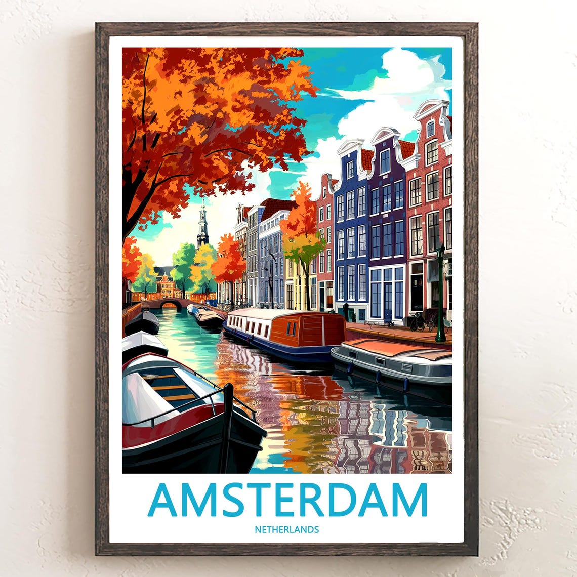Amsterdam Autumn Canal Bridge Houseboats Vintage Style Poster