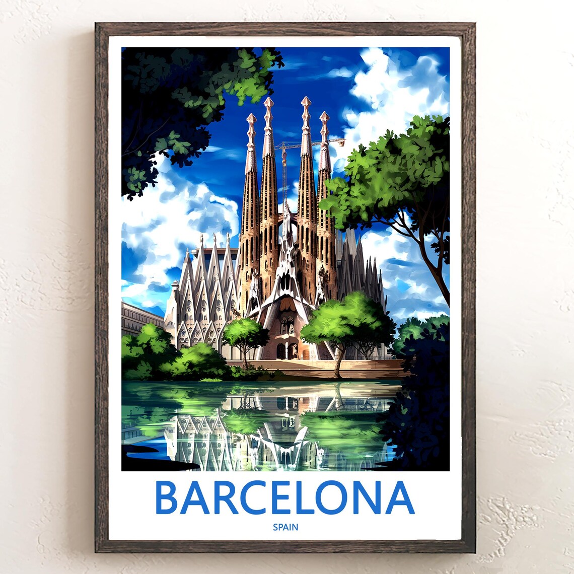 Barcelona Sagrada Familia Water Reflection Dense Trees Travel Poster